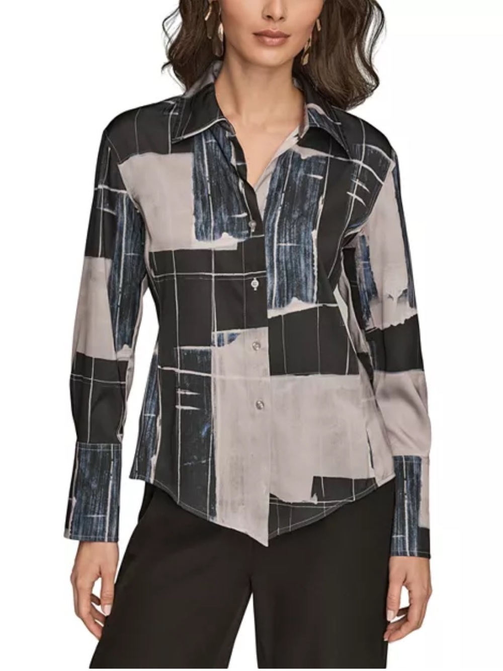 Donna Karan NWT Black Gray Blue Abstract Button Down Long Sleeve Top Women’s PXL